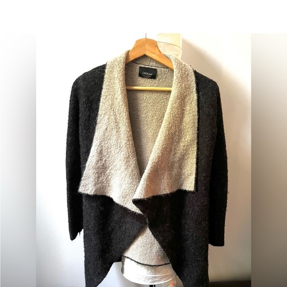 Zara Women’s Chunky Charcoal And Tan Knit Asymmetrical Drape-Front Cardigan SZ S - Picture 3 of 8